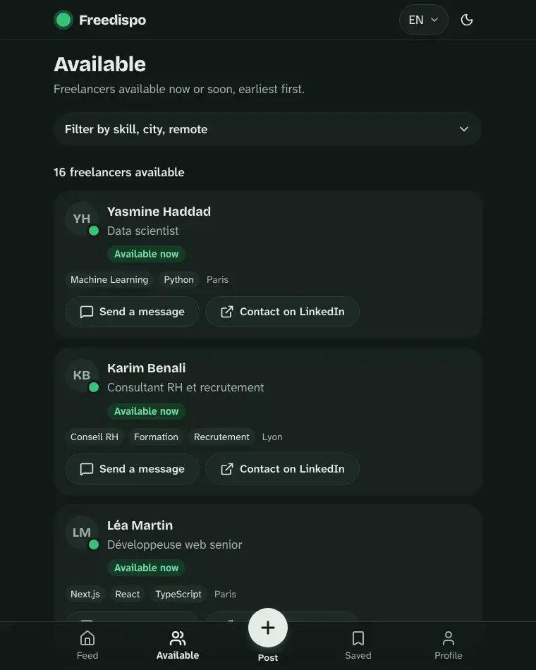 The availability directory. Freelancers available now or soon, filtered by skill, city and remote work.