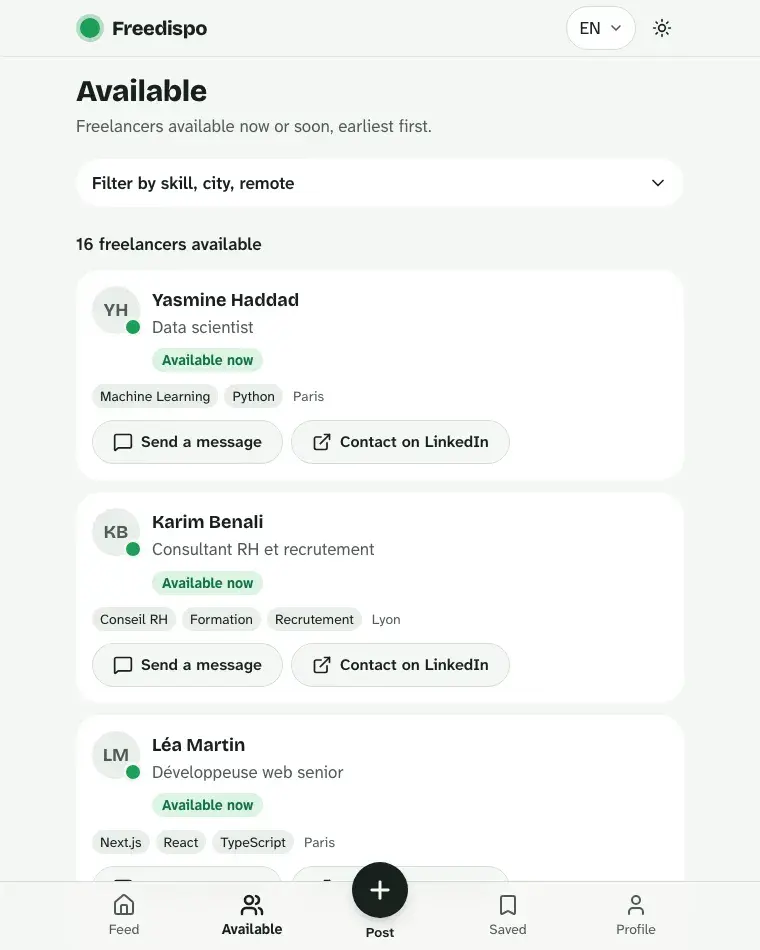 The availability directory. Freelancers available now or soon, filtered by skill, city and remote work.