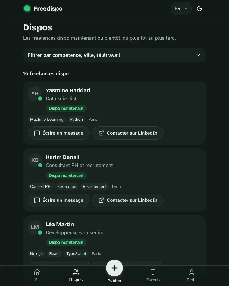 L'annuaire des dispos. Les freelances dispo maintenant ou bientôt, filtrables par compétence, ville et télétravail.