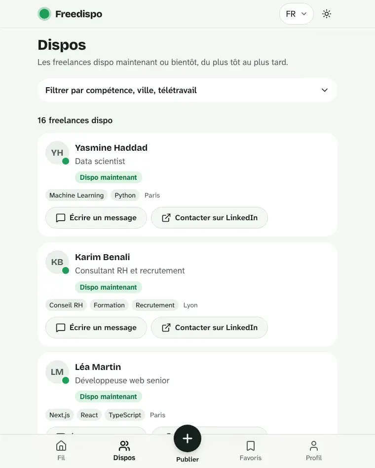 L'annuaire des dispos. Les freelances dispo maintenant ou bientôt, filtrables par compétence, ville et télétravail.