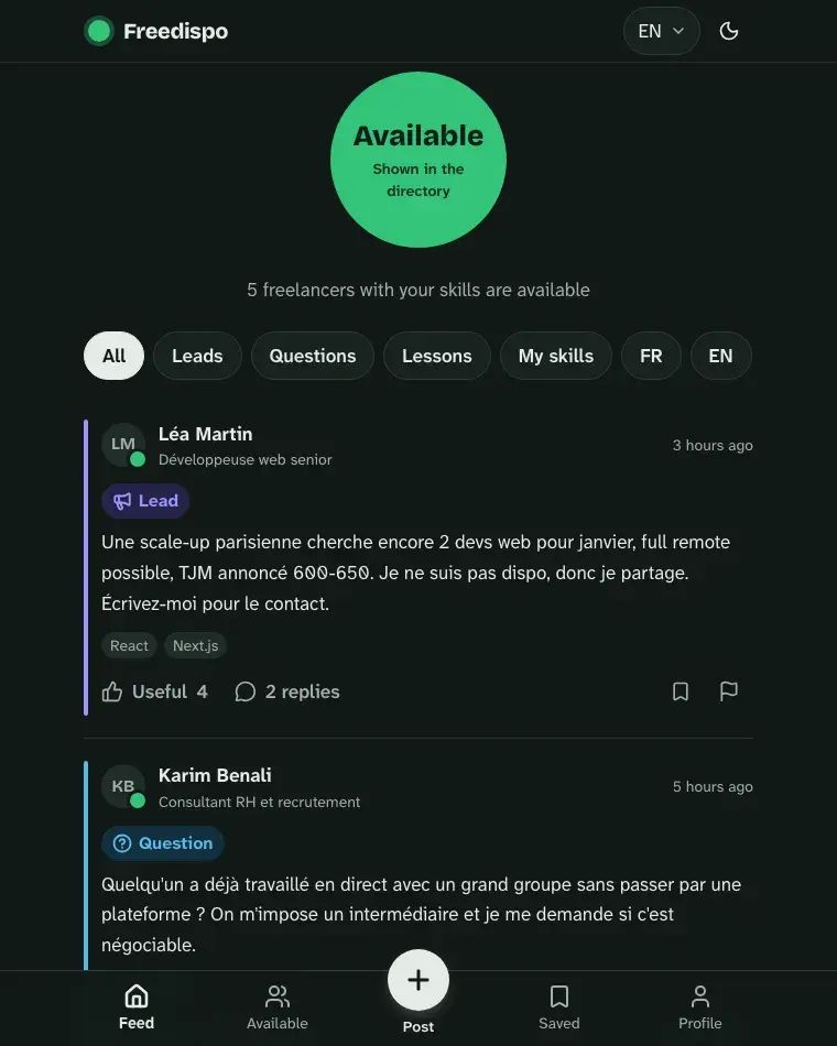 The feed. Your status bubble at the top, then leads, questions and lessons learned from the community.